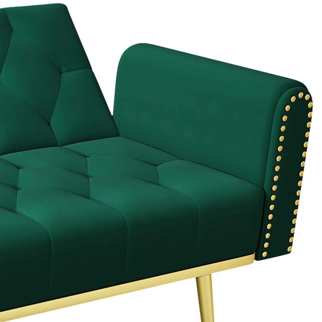 Divano letto multifunzione in velluto verde con schienale reclinabile e portabicchieri, 2-3 posti