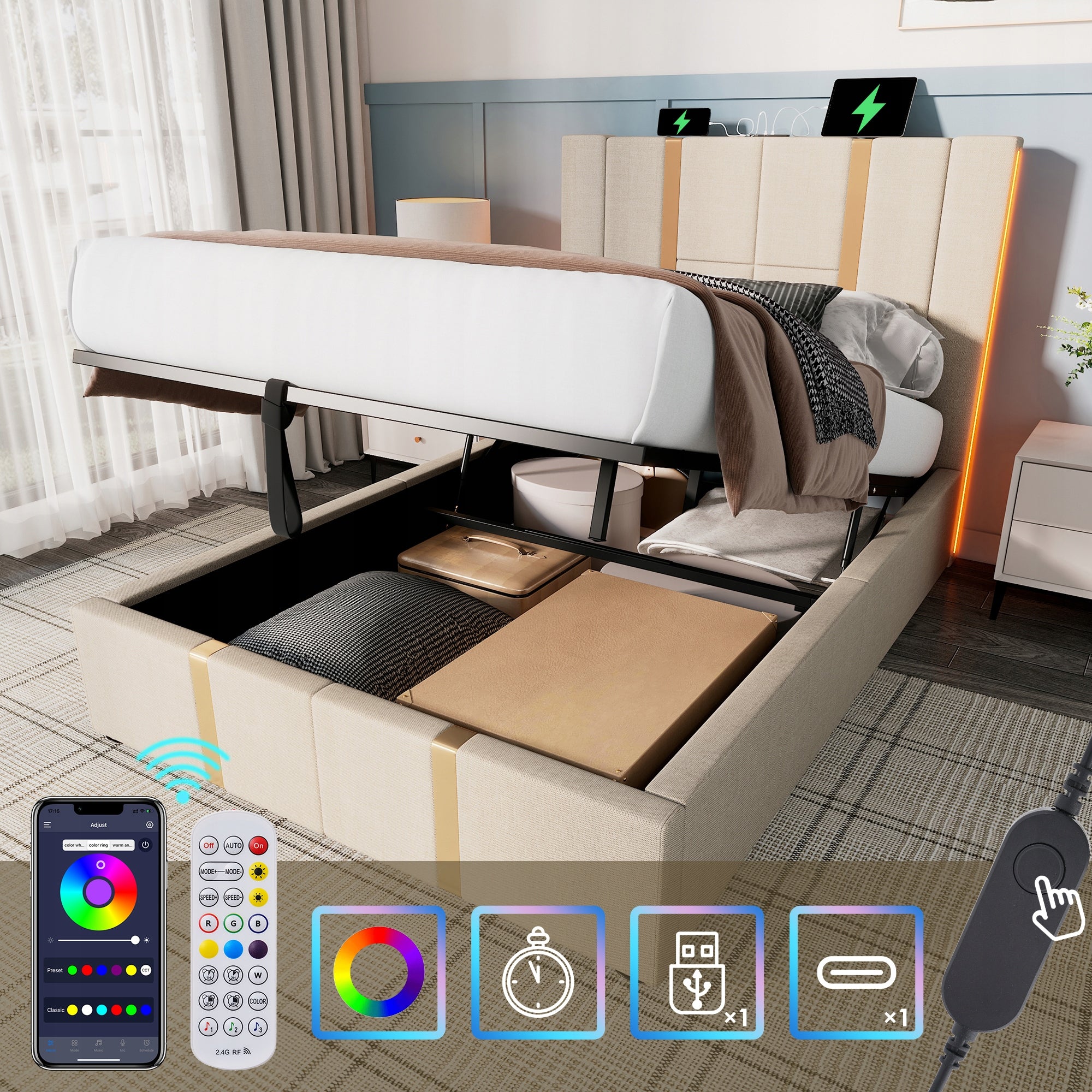 Letto imbottito 90x200 - Xylo - Beige con USB-C e LED