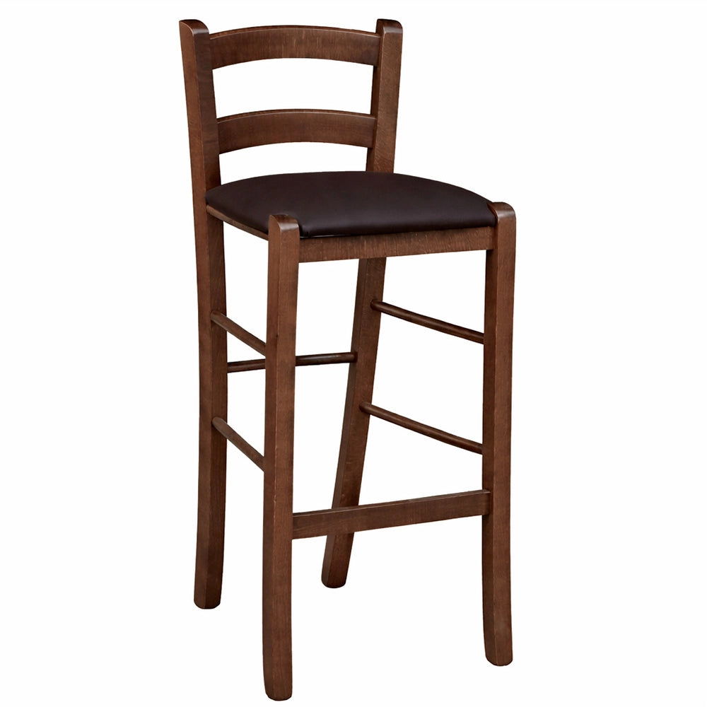 Sgabello in legno noce scuro h 67 seduta imbottita in similpelle marrone