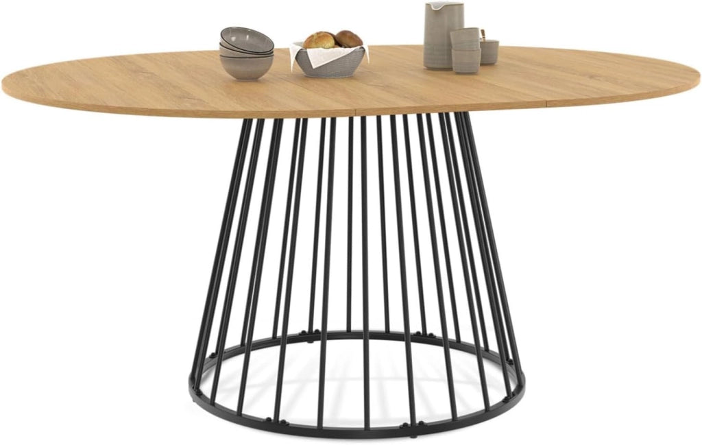 Tavolo da pranzo rotondo allungabile YUNA 4-8 persone con piano in legno e gamba in filo metallico nero 110-150 cm