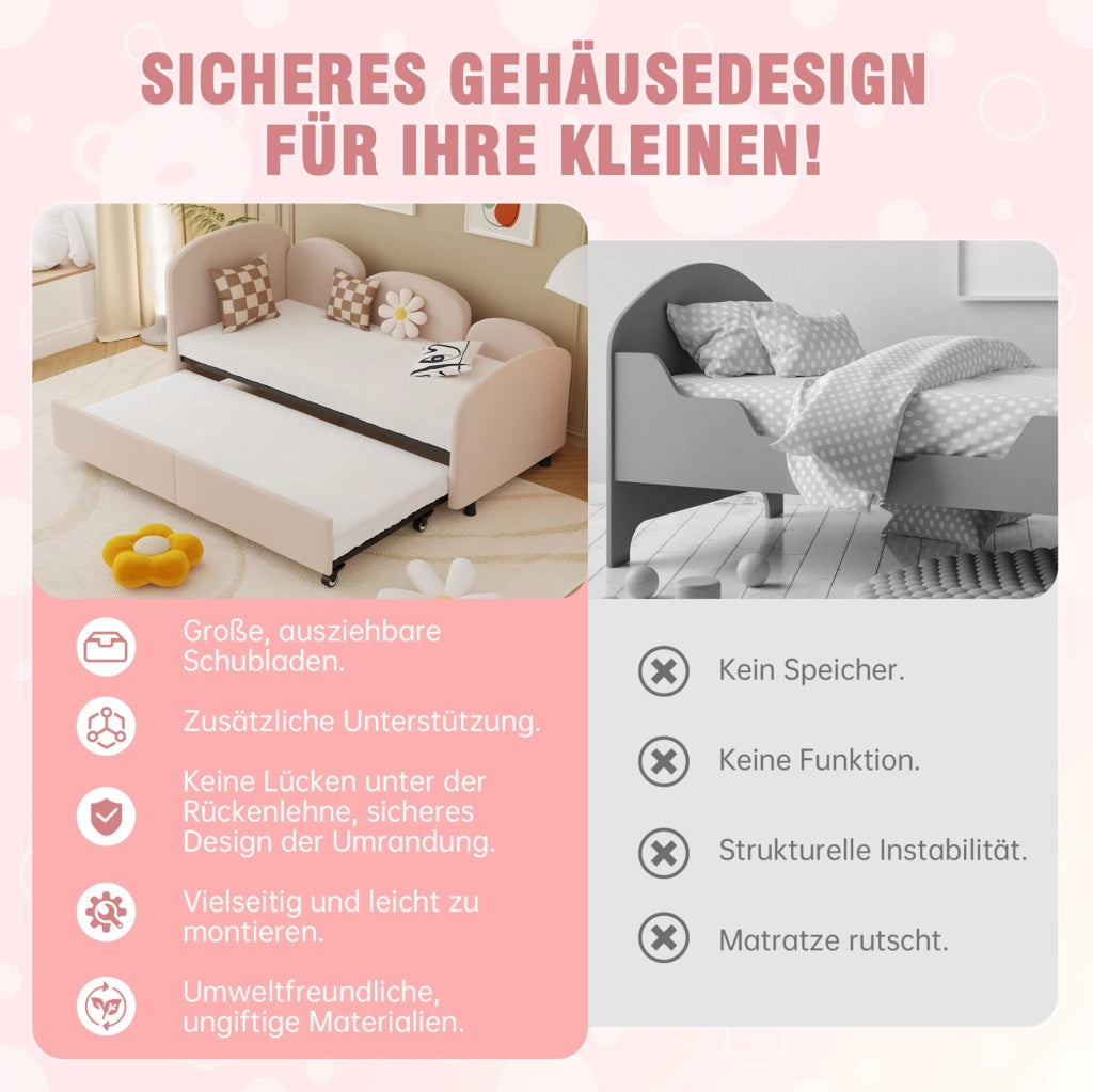 Letto per bambini a forma di fiore 90x200 cm in velluto rosa con cassetto