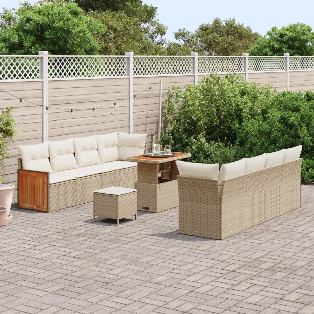 Set di Divani da Giardino in 11 Pezzi con Cuscini Beige Polyrattan Acacia