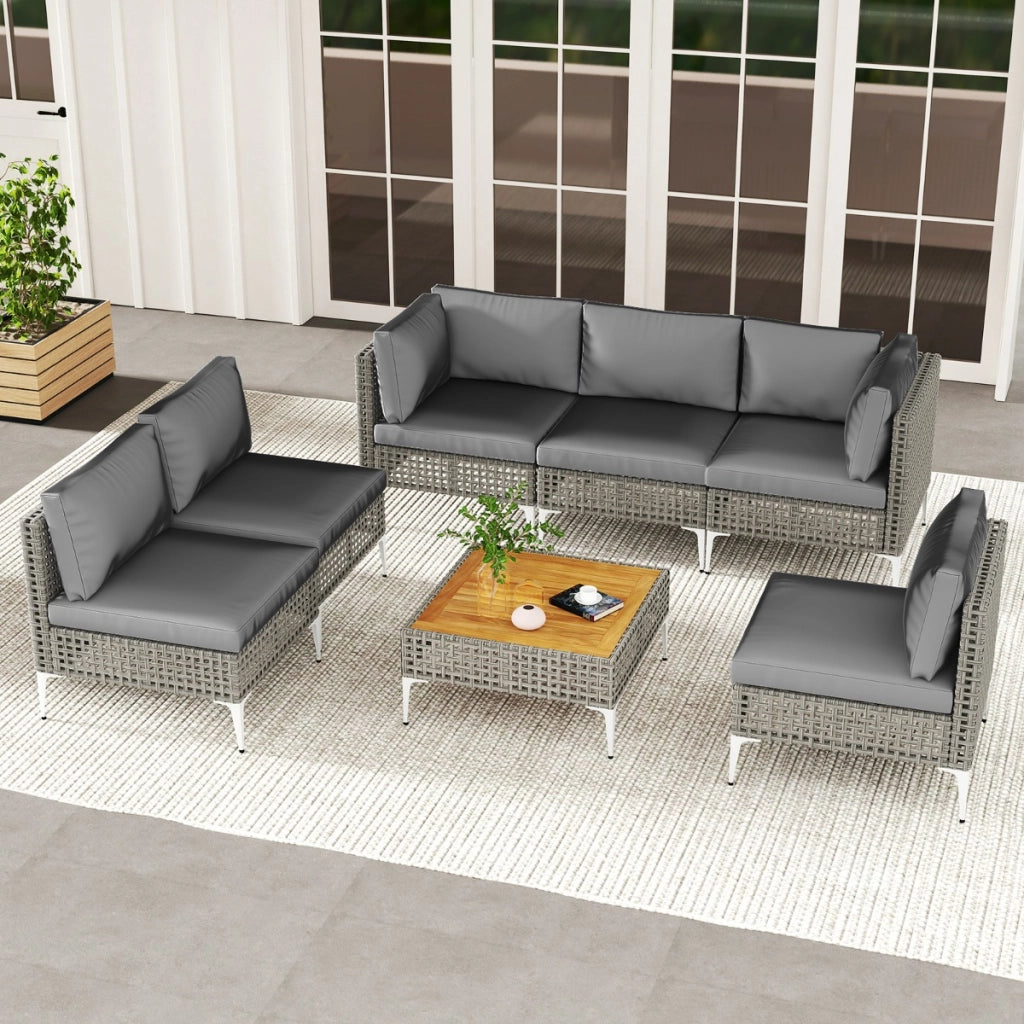 Set di mobili da giardino con divano sezionale in vimini e tavolino in legno di acacia, Set da conversazione in rattan Grigio-Set mobili da esterno
