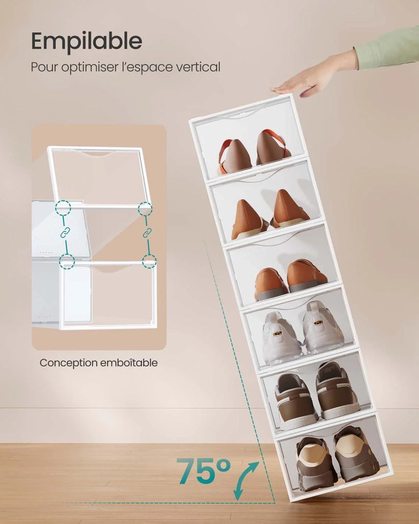 Scatole portascarpe in plastica con sportello set da 12 pezzi impilabili facile da montare 332 x 23 x 145 cm per scarpe fino alla misura 43 trasparenti e bianche 12_0004463