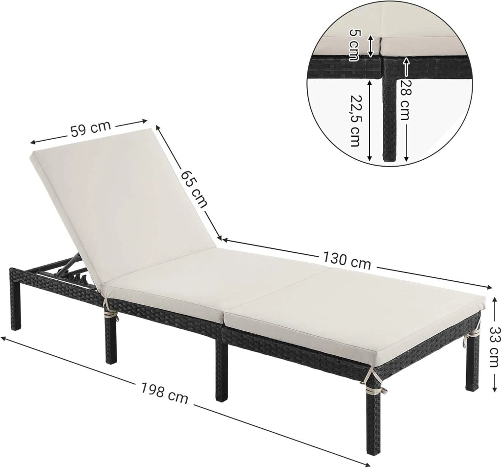 SONGMICS Lettino Prendisole, Sdraio in Rattan Sintetico, Materassino di 5 cm, Schienale Inclinabile, 59 x 198 x 28 cm, Max Portata 150 kg, Giardino Balcone Terrazzo, Beige GCB27BRV1