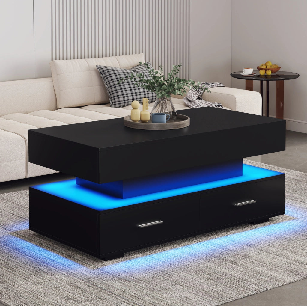 Tavolino da salotto sollevabile 100x50x44 cm in truciolare nero con LED e 2 cassetti