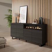 Credenza, Mobile, 200x35x87cm, 4 Porte, Camino elettrico, Design industriale, Nero RF2390