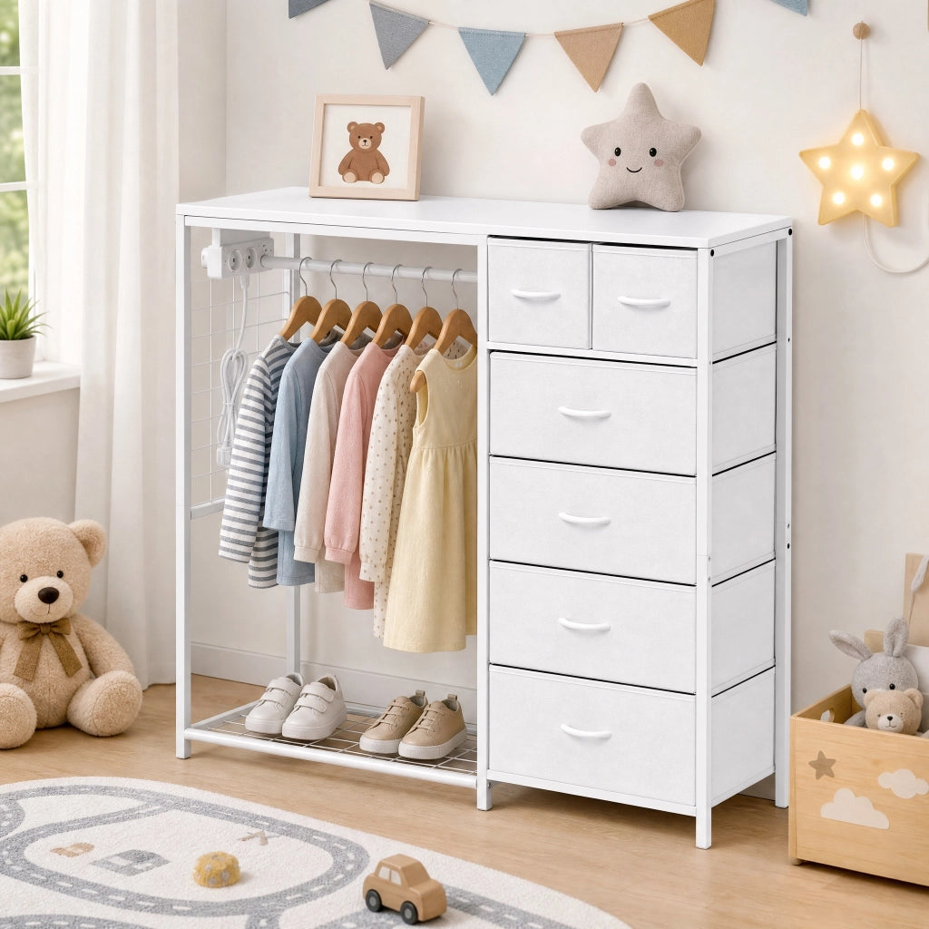 Armadio per bambini con 6 cassetti in tessuto, barra appendiabiti, presa elettrica e ripiano scarpe, per cameretta, bianco