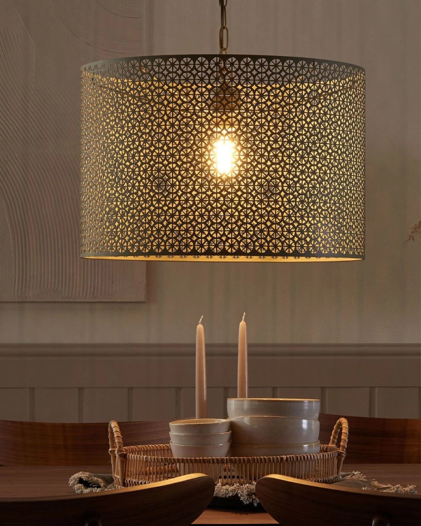 Lampada a Sospensione a Sospensione a Forma di Tamburo in Metallo Grigio con Paralume Tondo Cilindrico Novità Moderna