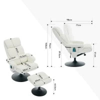 Poltrona relax, reclinabile e massaggiante a 5 punti, con funzione di riscaldamento elettrico e poggiapiedi, girevole a 360°, in tessuto chenille, 75.5x77x100 cm, Bianco