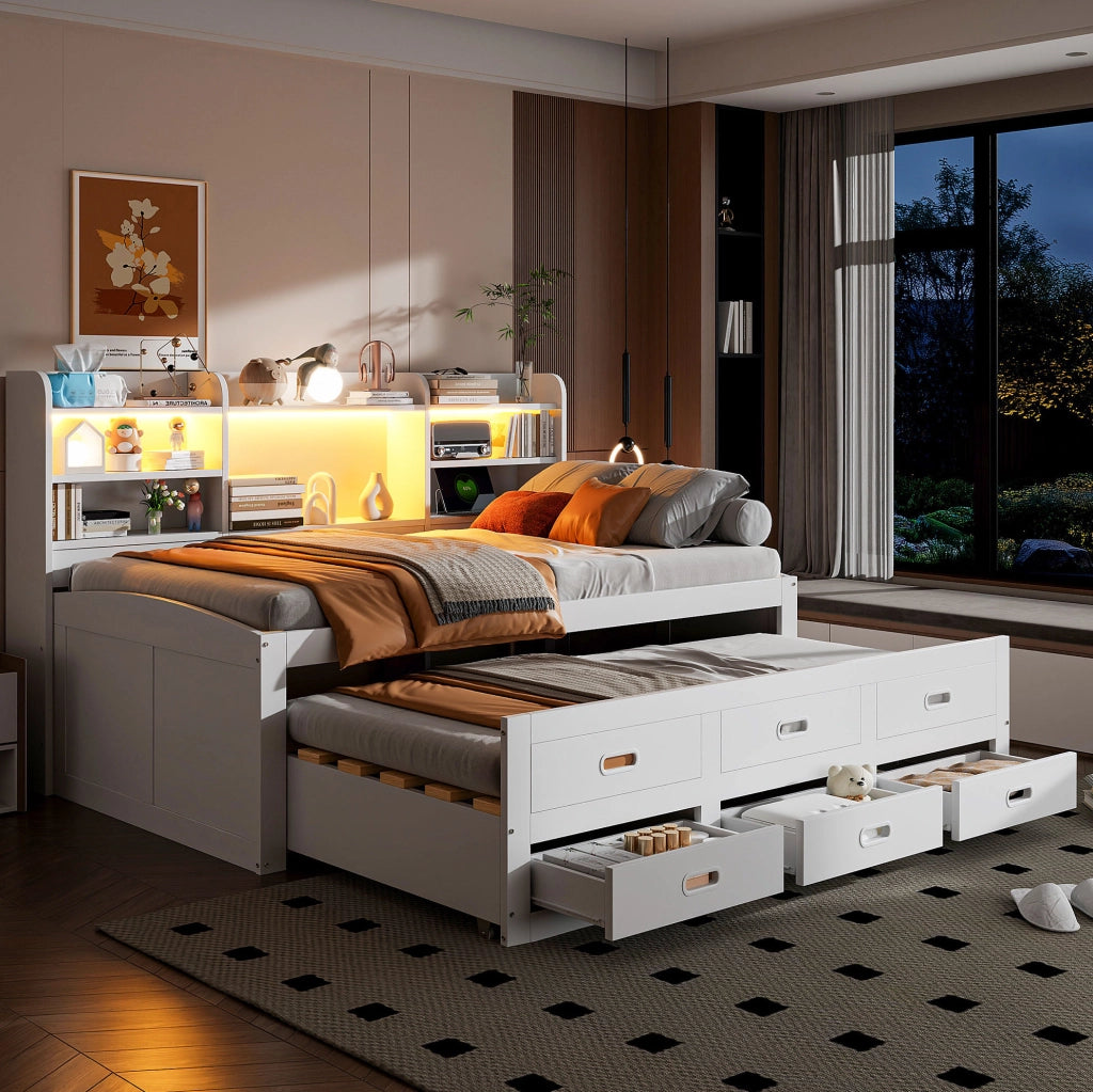 Letto singolo estraibile 90x200 cm con LED, USB-C e cassetti