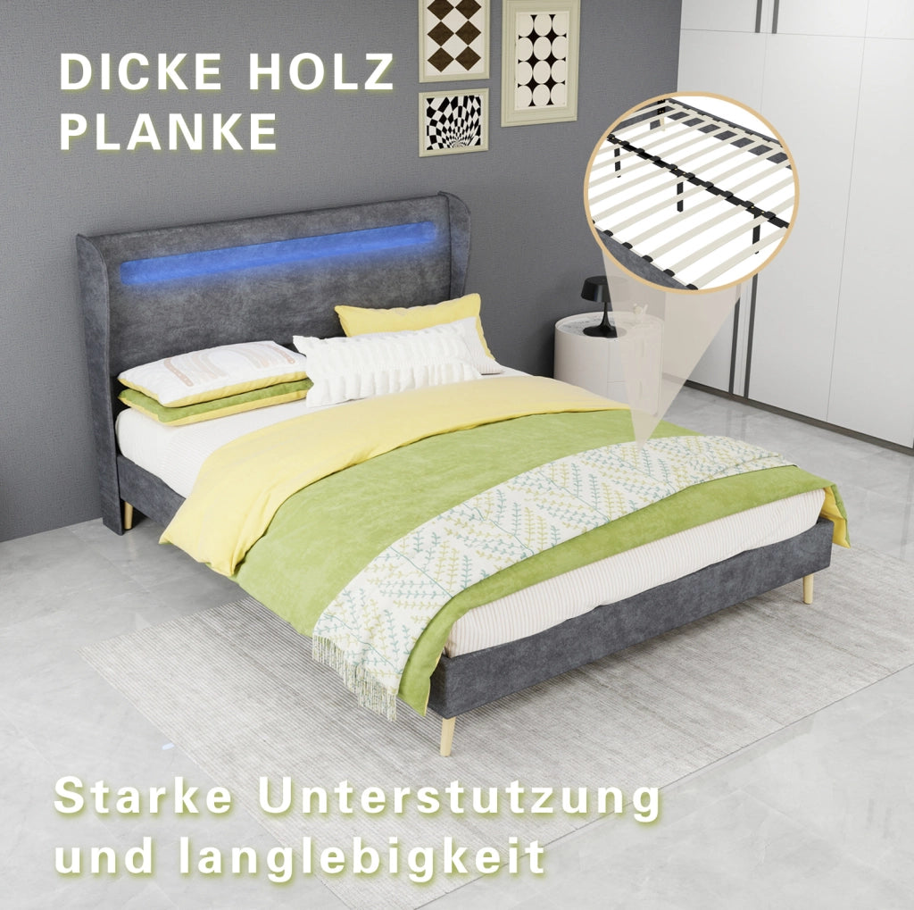 Letto imbottito LED 140x200 cm grigio in tessuto e metallo