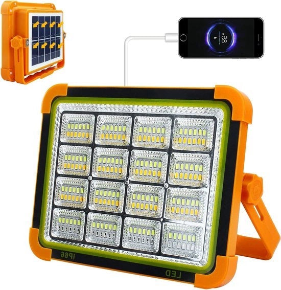 Spotlight Solare 100W con Batteria Portatile Luminaria da Campo - 4 Modalità Luce per Zona Solare Spotlights - Garage Camping Pesca Emergenza Siti di Costruzione