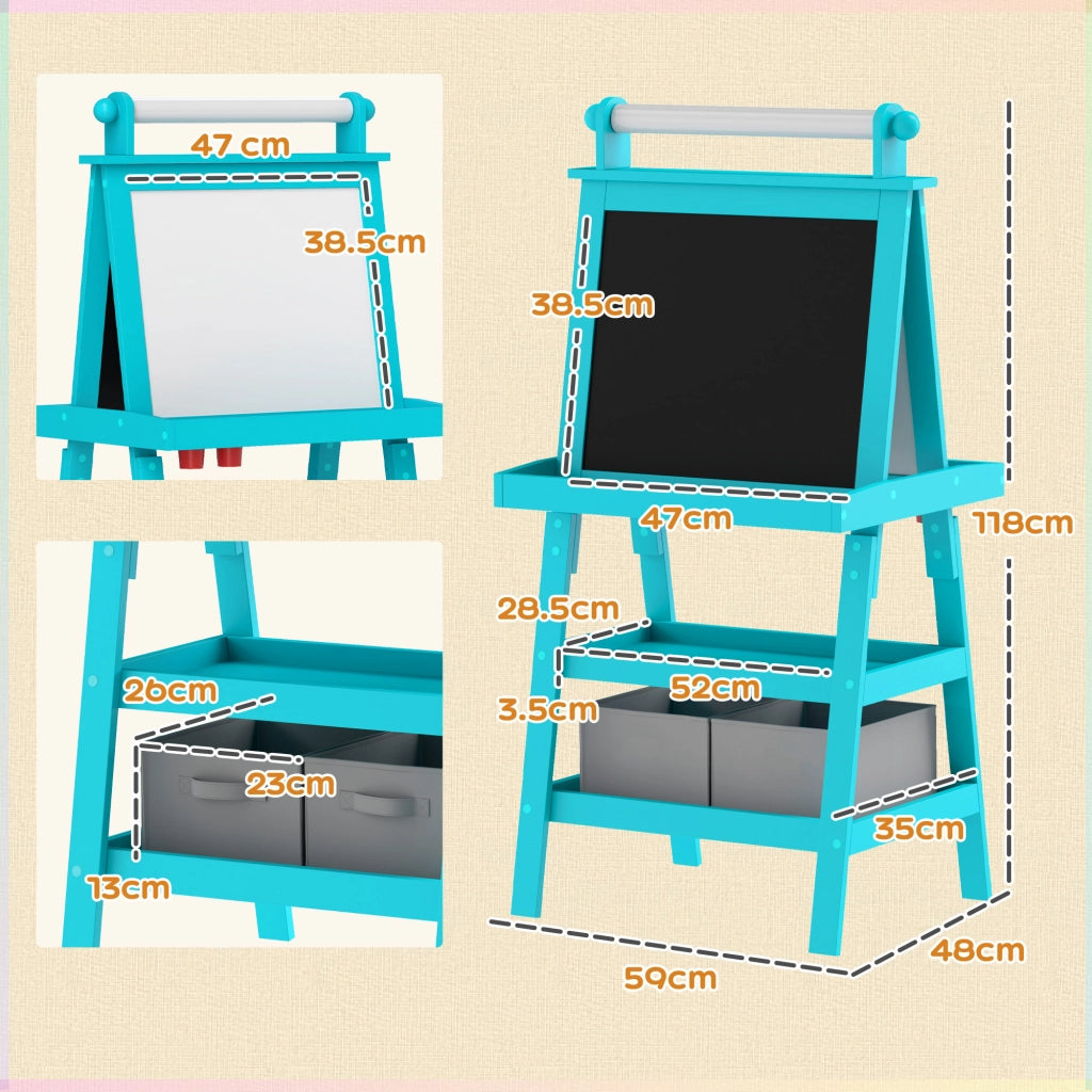 3 in 1 Kids Easel Double-Sided Magnetic Whiteboard and Chalkboard with Paper Roll, Storage Baskets - Blue