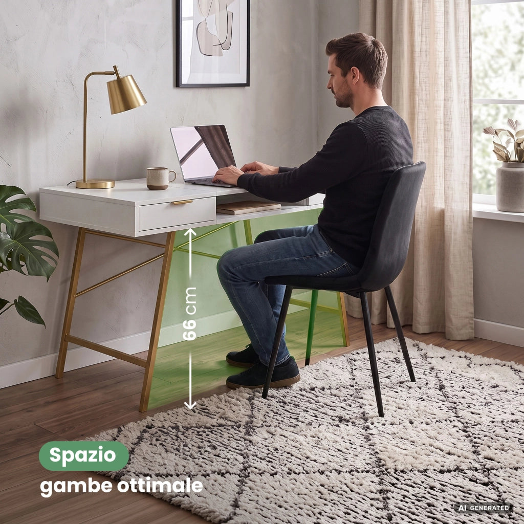 Scrivania industriale per computer Bianca ARDEN 120 cm 2 cassetti 1 ripiano gambe dorate