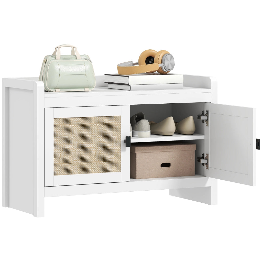 Scarpiera con Cassetti e Ripiano Estraibile in Rattan ¨C Zephmum ¨C Bianco e Beige 80x35x52 cm