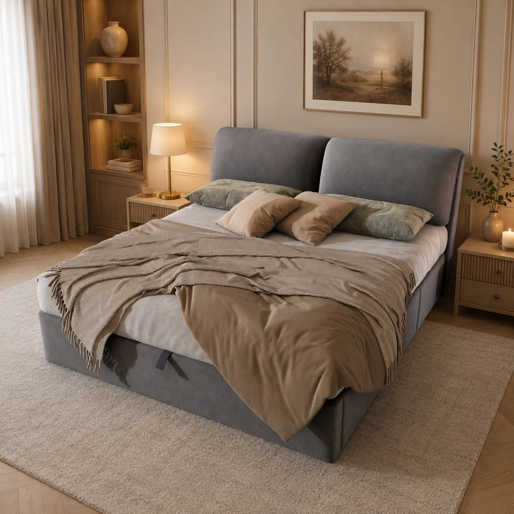Letto contenitore 180x200 cm; matrimoniale con contenitore idraulico; 3 cassetti; rete a doghe e testiera; velluto; grigio
