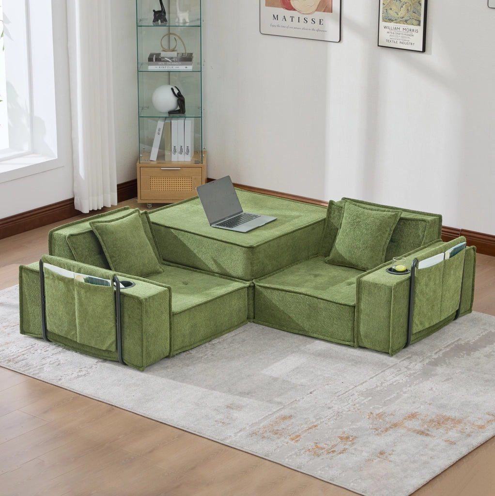 Pouf sofa modulare in ciniglia verde con 2 cuscini; 162x78x66 cm