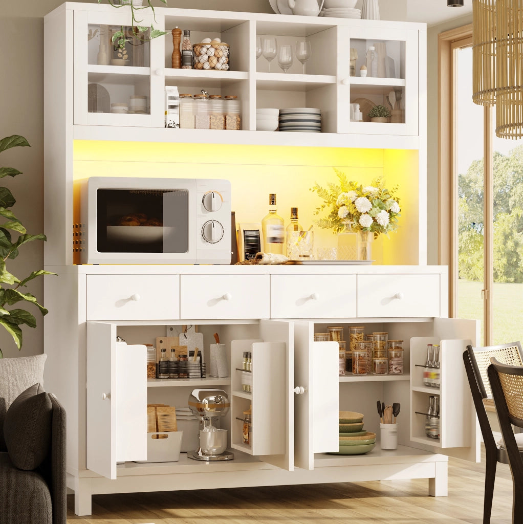 Credenza alta da cucina 140x38,5x180 cm con LED RGB, vetrina e 4 cassetti bianca HAVRYA