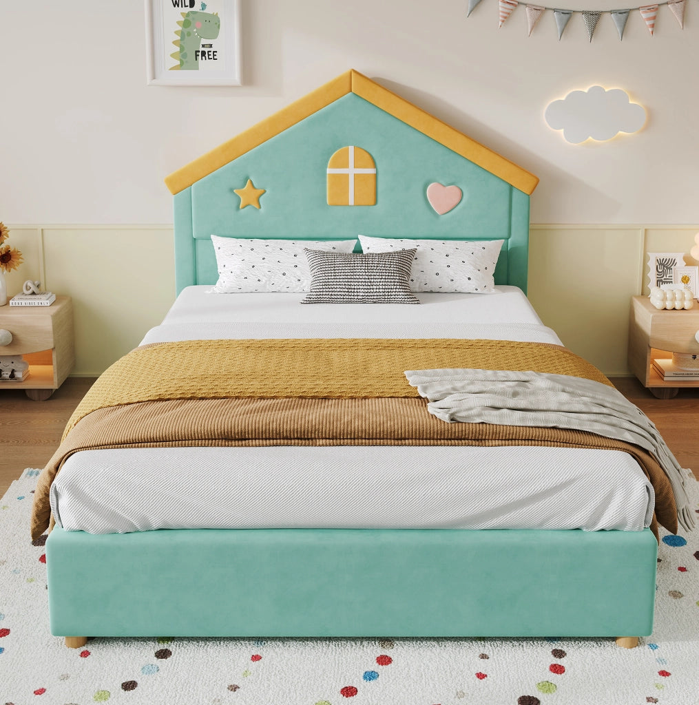 Letto bimbi 140x200 in velluto blu-verde, 4 cassetti, senza materasso –