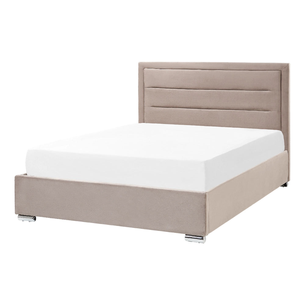 Letto matrimoniale in velluto con contenitore tortora 140 x 200 cm design moderno imbottito con testiera ottomana
