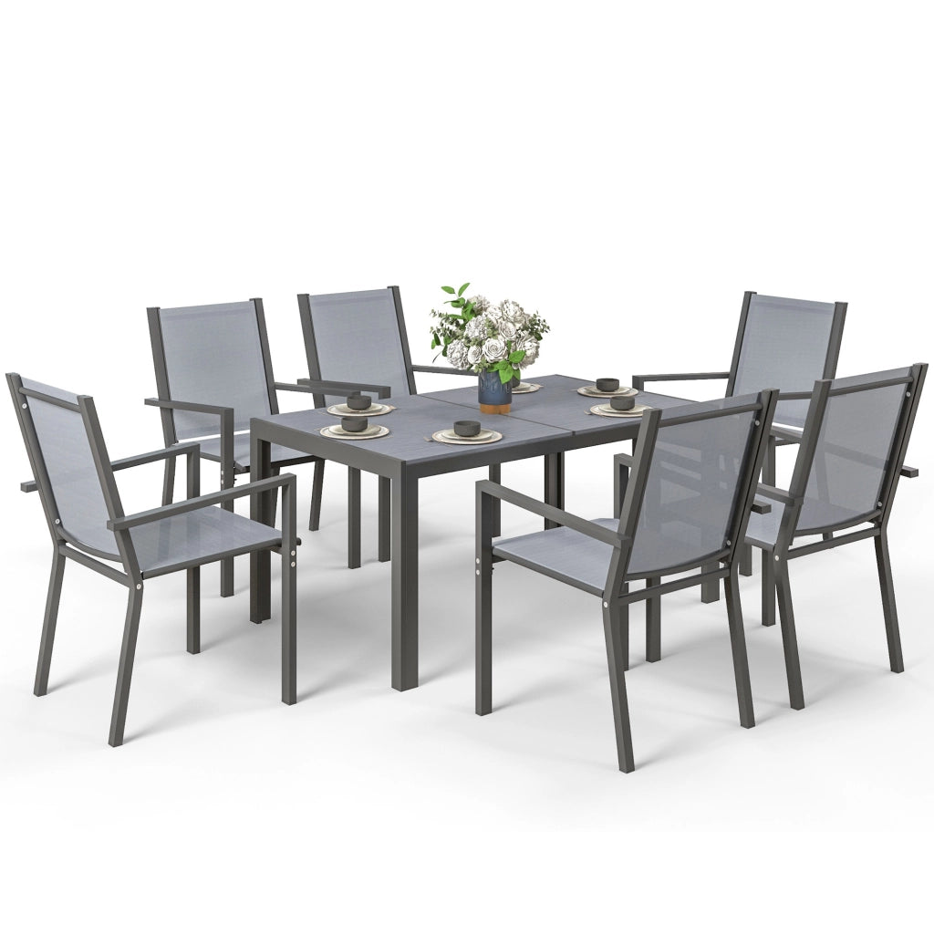 Set da pranzo giardino 6 posti ¨C zephmum ¨C grigio, acciaio, sedie impilabili