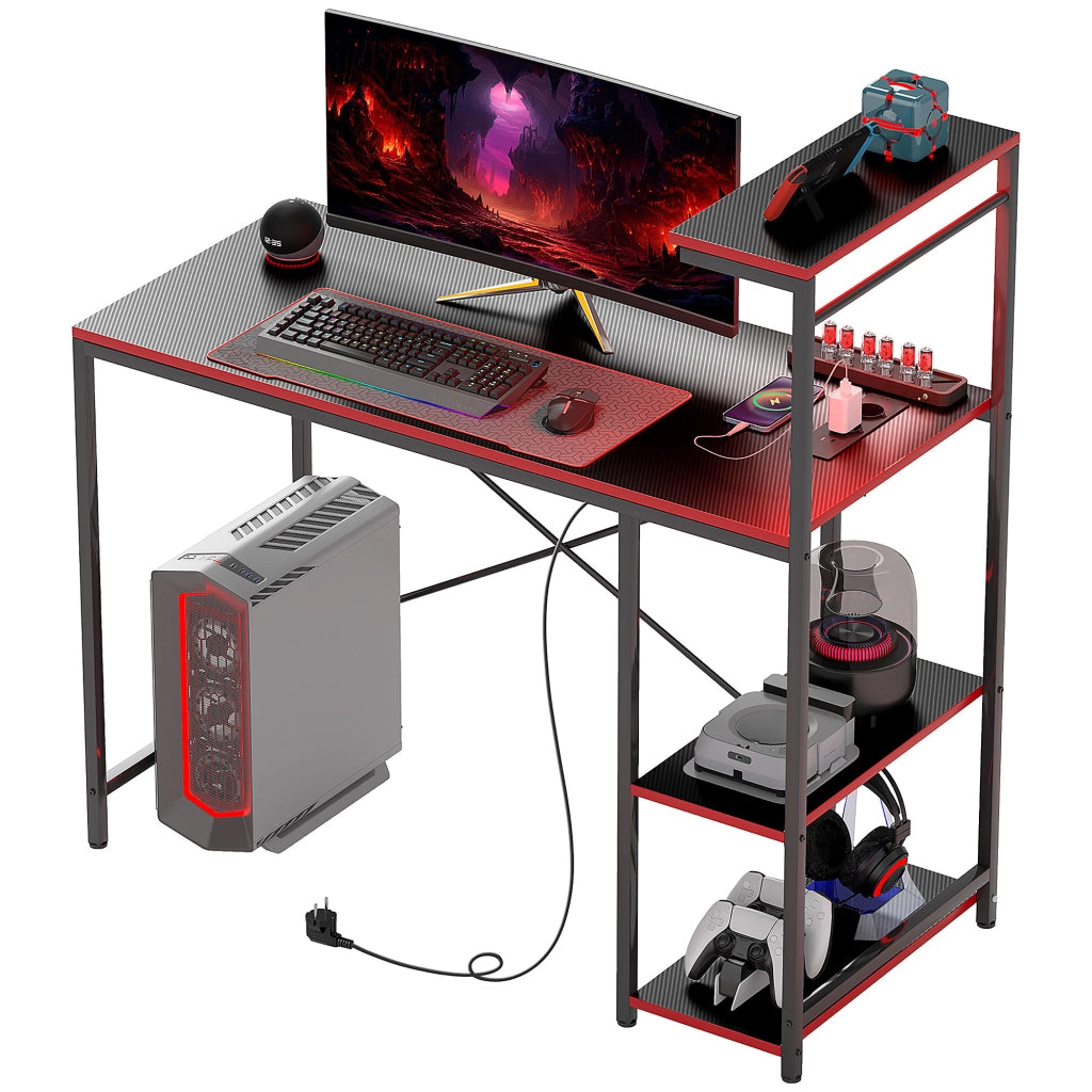 Scrivania Gaming con LED e Prese ¨C Xylo ¨C Fibra di Carbonio Nero 110x50 cm