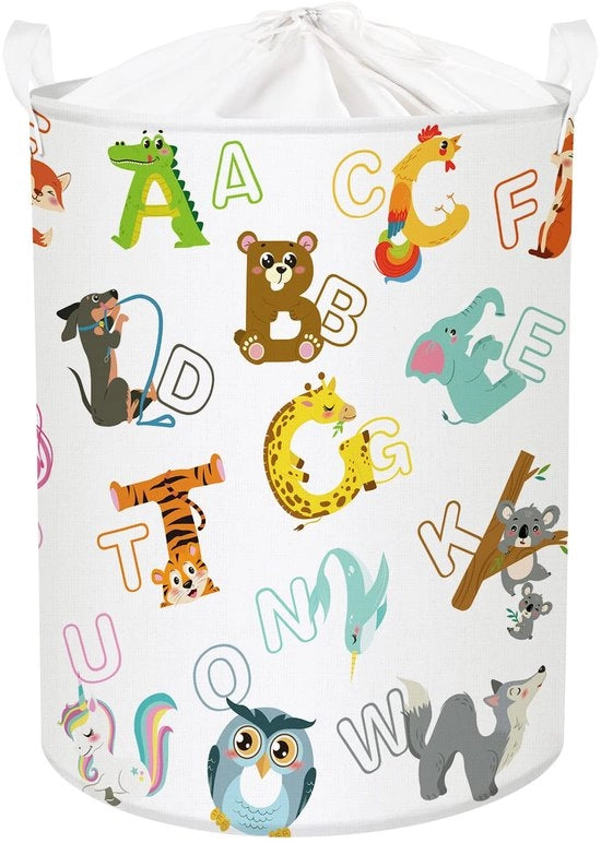 Wastino 45L con lettere animali bianco per bambini, contenitore per la camera dei bambini, contenitore per abiti e giocattoli, 36x45 cm