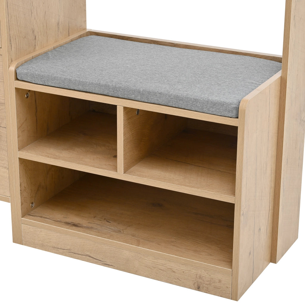 Mobile da ingresso con 2 ante 1 cassetto 4 ganci vano aperto e panca con pannello forato, natural, 108.5 × 35 × 180 cm