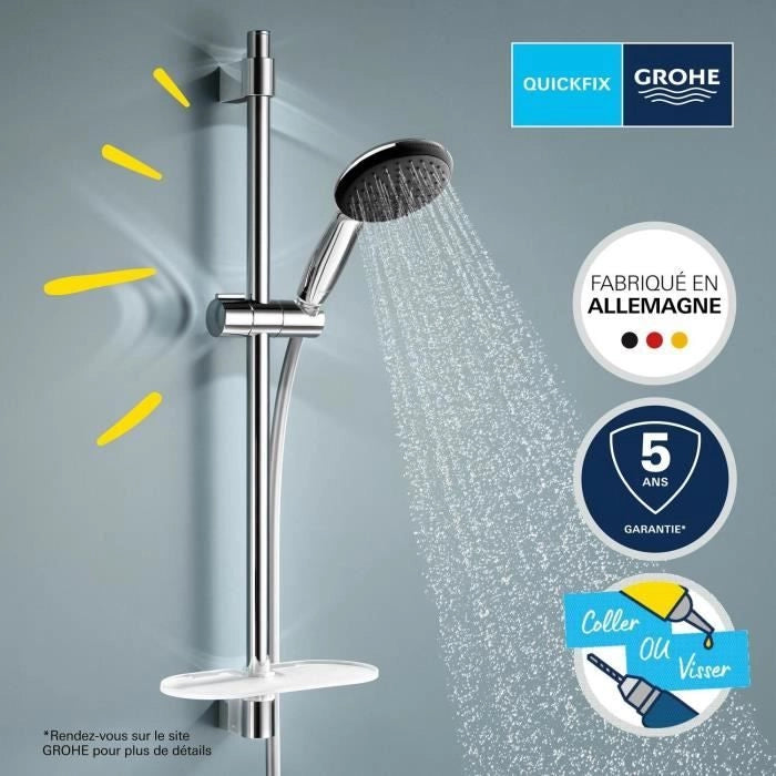 Set doccia con soffione a 2 getti, asta 60 cm, flessibile e mensola - GROHE Vitalio Start 110 26952001 - Risparmio idrico - Cromo