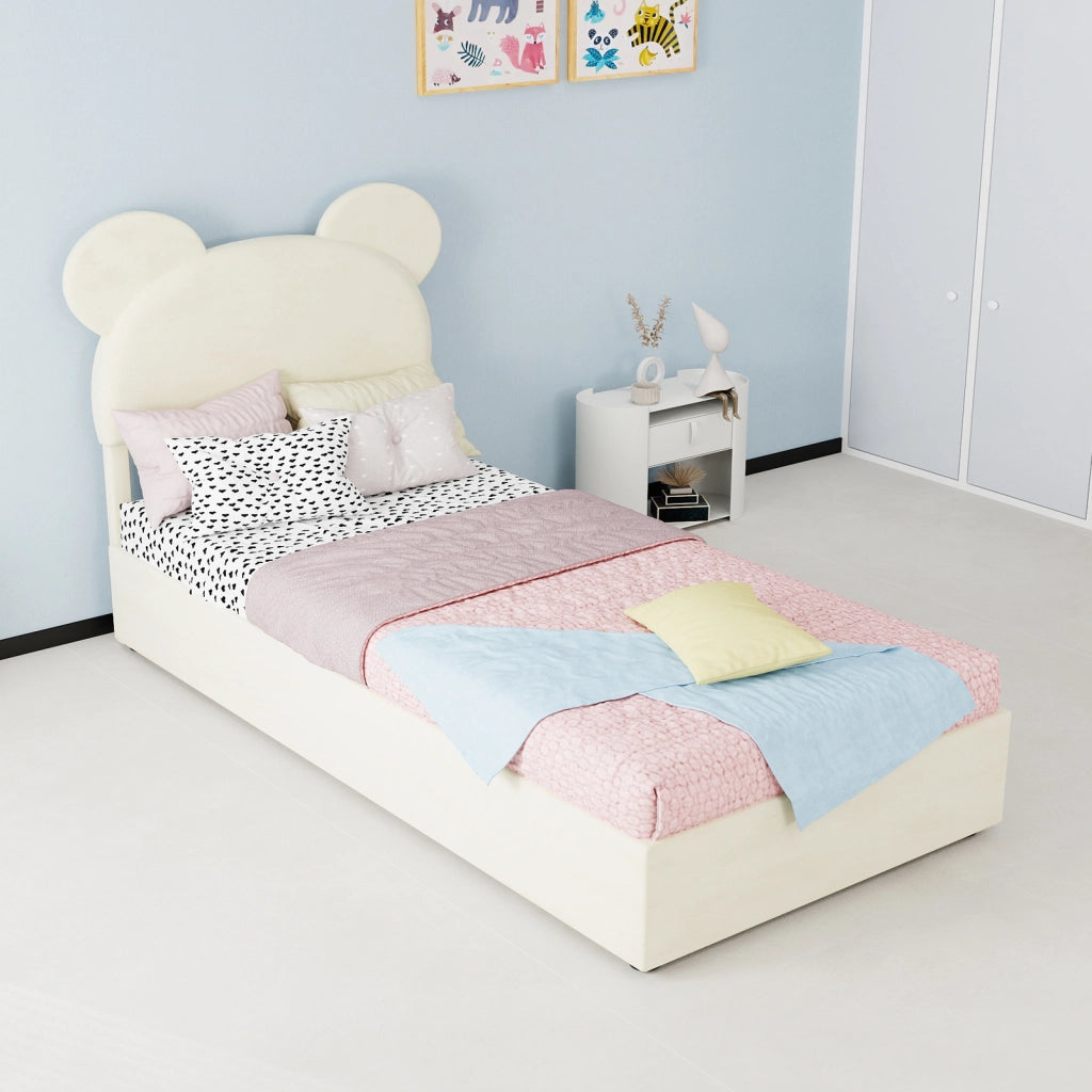 DESMIU Letto per bambini 90 × 200 cm 1 posto con vano contenitore, testiera, senza materasso, beige