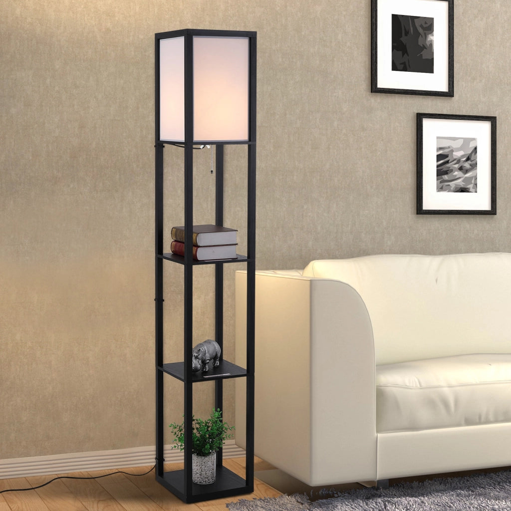 Lampada a Terra 40W con 3 Mensole Integrate e Interruttore a Tirante, Lampada Moderna in MDF e PS, 26x26x160 cm, Nero e Bianco