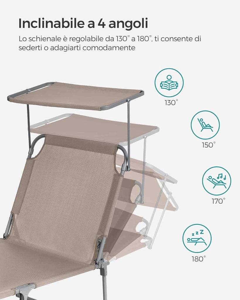 SONGMICS Lettini Prendisole, Set di 2 Sedie a Sdraio Pieghevole, 193 x 53 x 29 cm, Portata 150 kg, Poggiatesta Parasole Schienale Reclinabile, per Terrazzo Piscina Giardino, Tortora GCB192K02