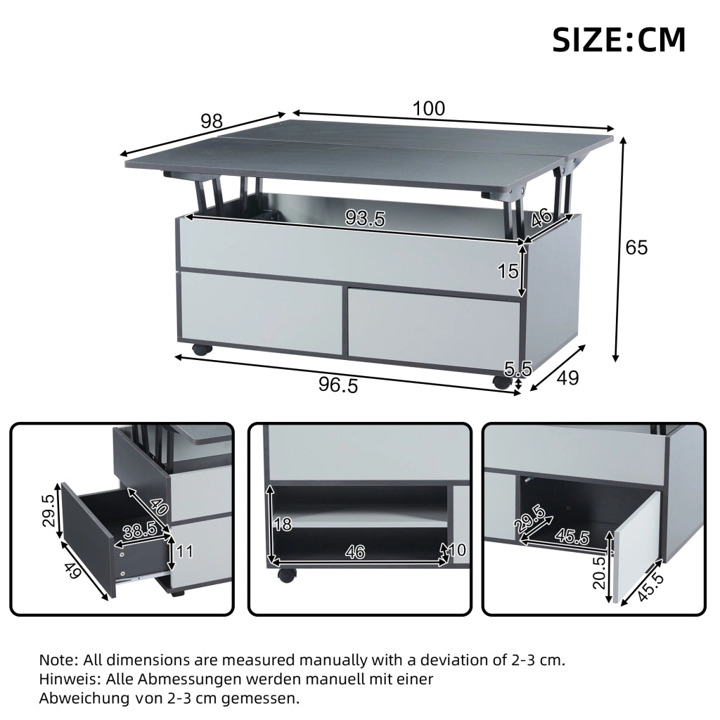 Tavolino Da Caffè Sollevabile con 1 Cassetto e 1 Armadio; Piani Idraulici; con Ruote; Stile Moderno; in Pannello Truciolare; Grigio E Bianco; 100×98×65 cm