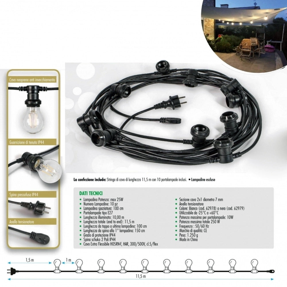 Trade Shop - Cavo 10 Metri Con 10 Portalampada E27 Spina Schuko Per Esterno Cordoniera Gazebo -