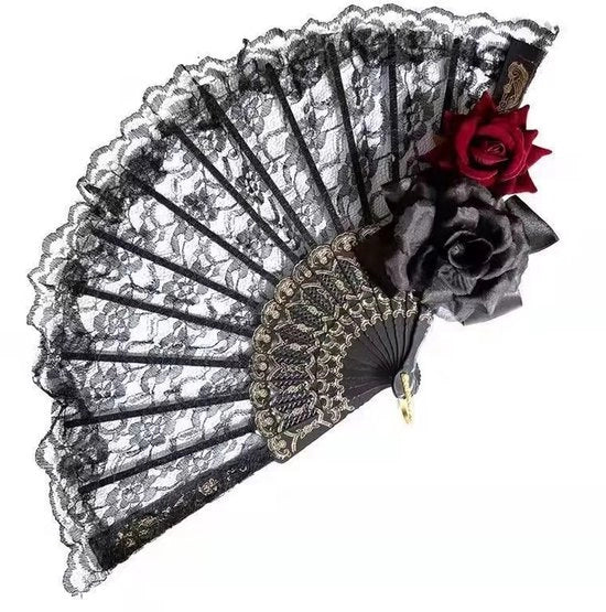 Ventaglio Vintage Opvougbile con Fiori di Rosa con Bordo Nero - Ventaglio Opaco per Donne e Ragazze