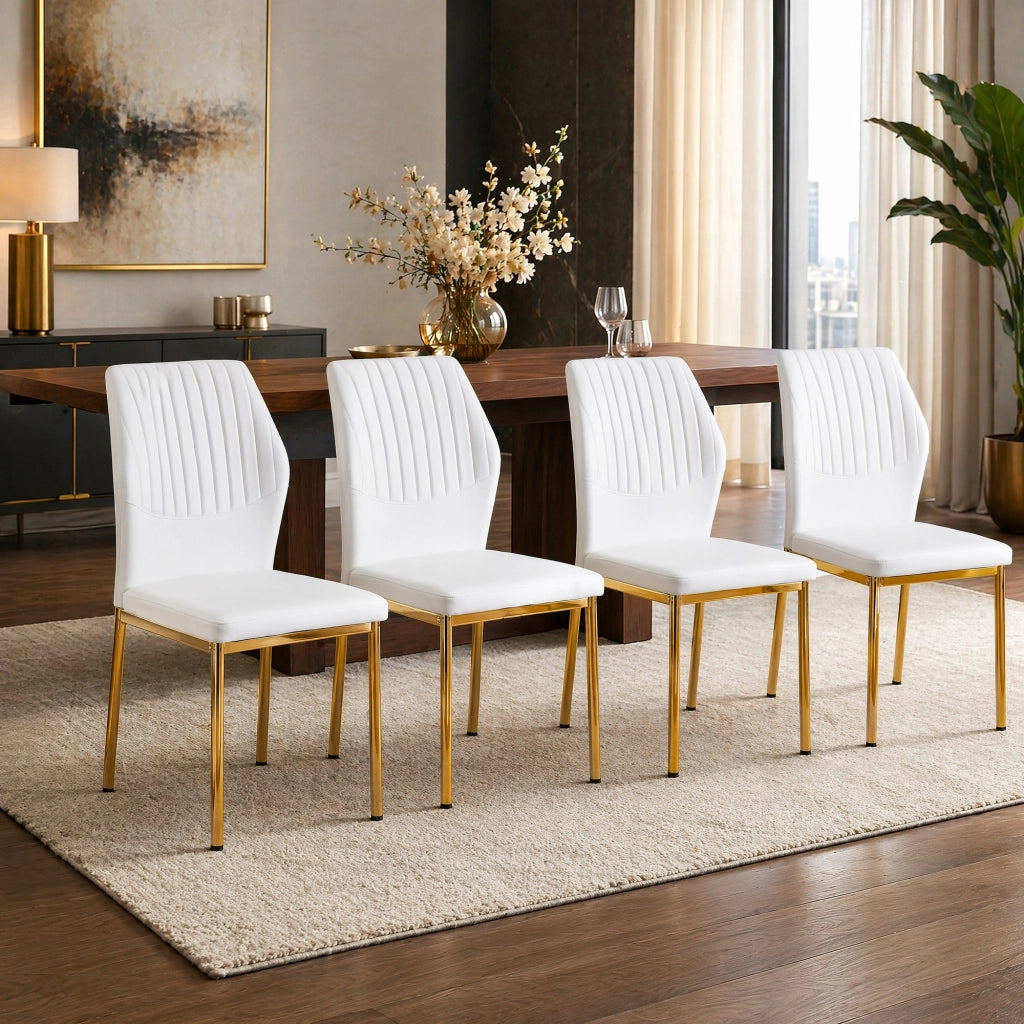 Set 4 sedie da pranzo moderne in PU bianco con gambe in metallo oro; H 93 cm