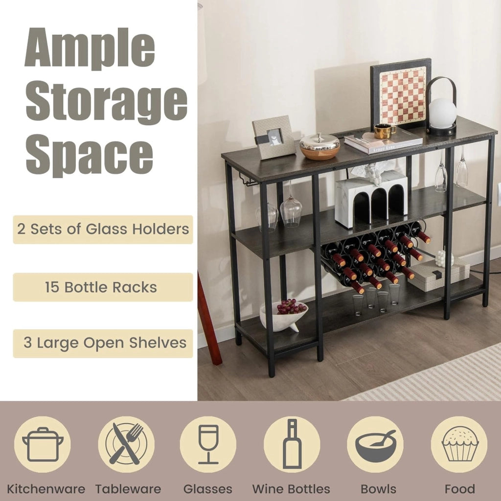 Scaffale per vino con prese per 15 bottiglie e portabottiglie, autoportante, multiuso, per cucina, bar, 113 x 35 x 85 cm (grigio), SE00031MN-LODE