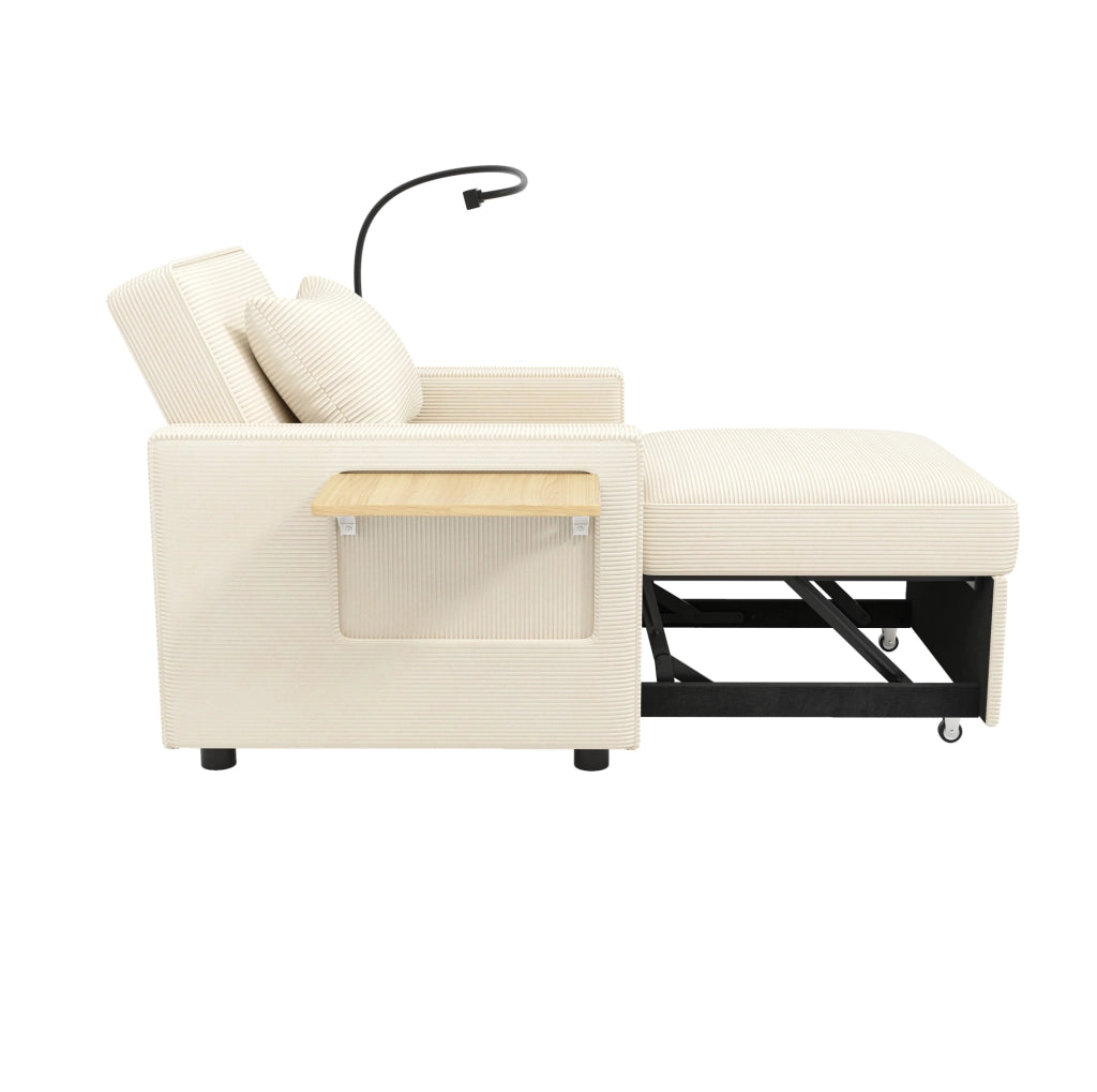 Divano letto 1 posto beige in velluto a coste con USB e Type-C