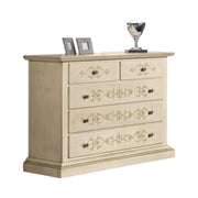 Cassettiera 5 cassetti legno shabby avorio anticato decorato filo verde 125x51x98 (1470) - Mobili 2G