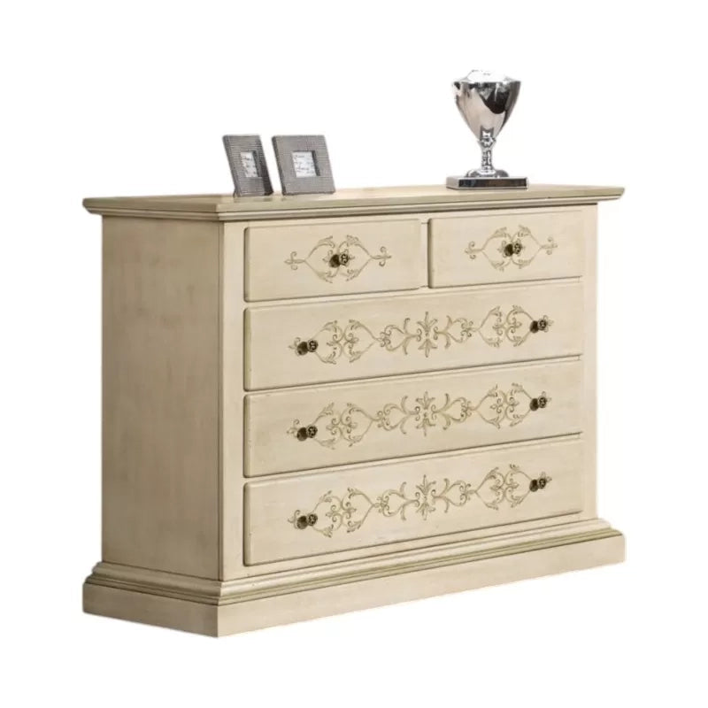 Cassettiera 5 cassetti legno shabby avorio anticato decorato filo verde 125x51x98 (1470) - Mobili 2G