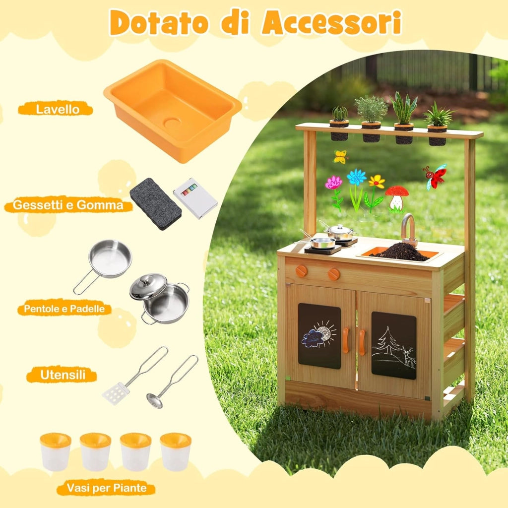 Cucina Giocattolo per Giardino con Lavagna Acrilica per Dipingere, Cucina in Legno di Abete per Bambini con 4 Vasi da Giardinaggio, Set Cucina con Accessori, 68 x 34 x 93 cm