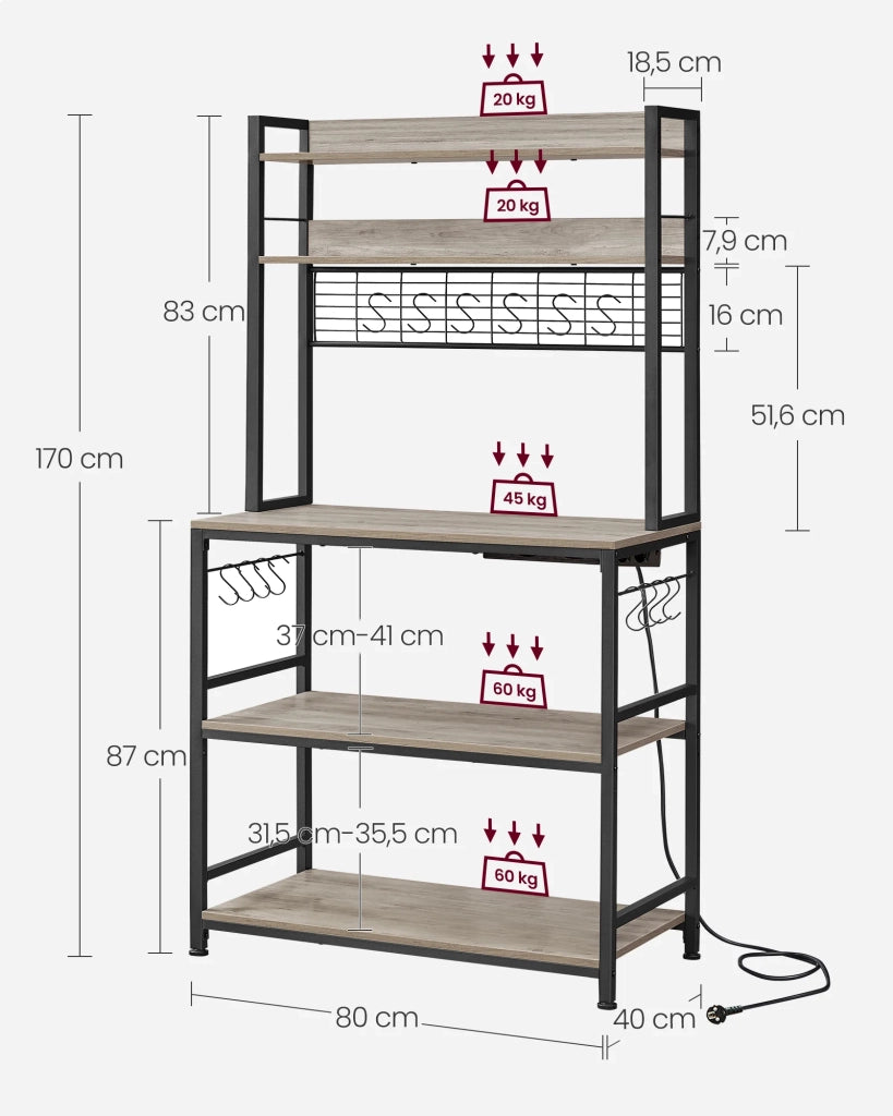 Mensola da cucina con multipresa supporto per microonde ripiano portaoggetti con pannello in rete metallica 14 ganci 40 x 80 x 170 cm grigio 12_0005668