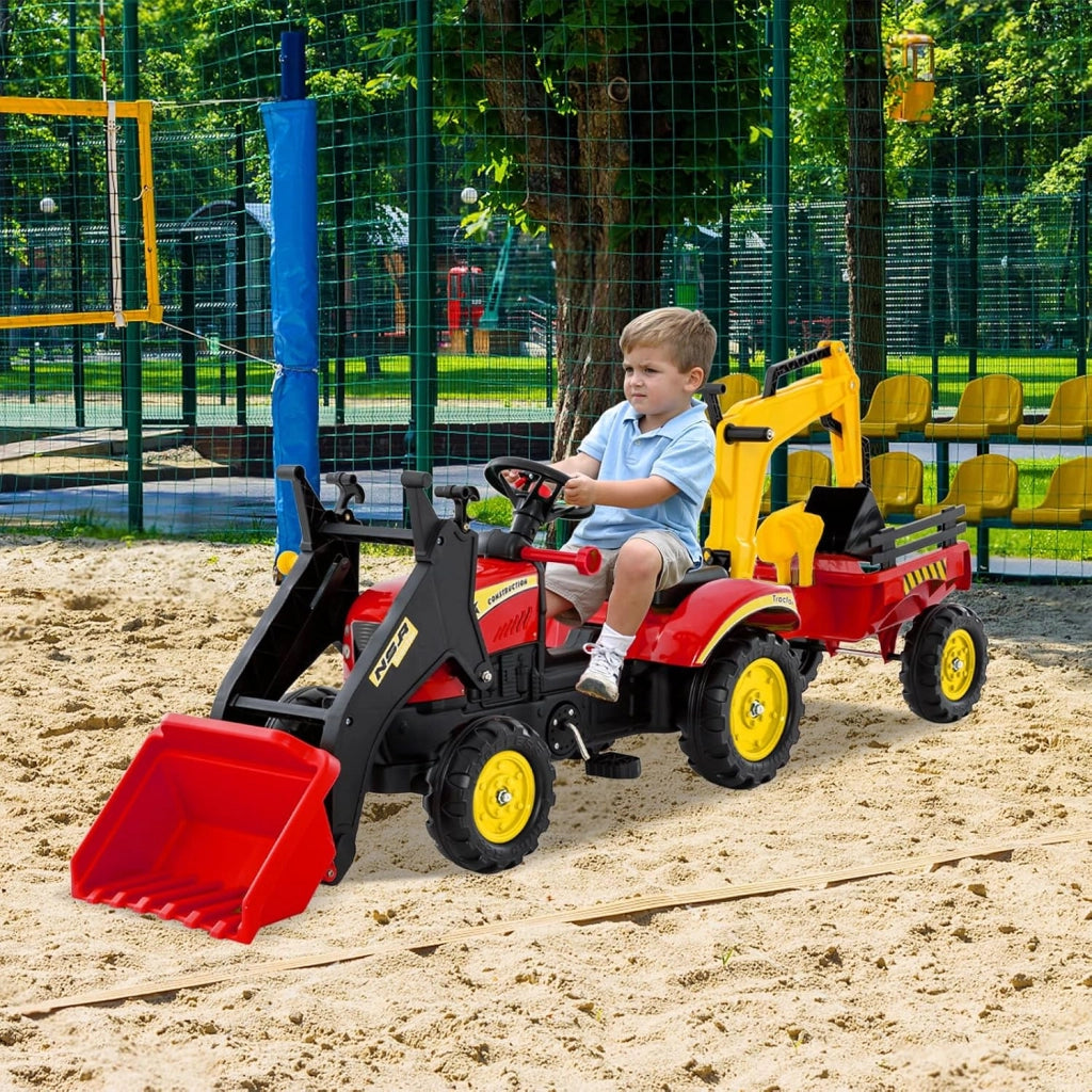 3 in 1 Escavatore per Bambini, Trattore con Rimorchio Staccabile Cavalcabile per Bambini, con 6 Ruote e 2 Benne, per 3-6 Anni (Rosso)