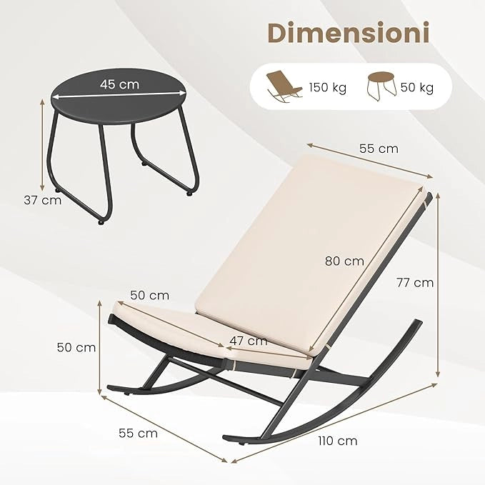 Set 3 Pezzi Sedie a Dondolo, Sedie in Rattan PE con Tavolino in Metallo e Cuscini Spessi, Set di Mobili da Giardino per Balcone e Bordo Piscina