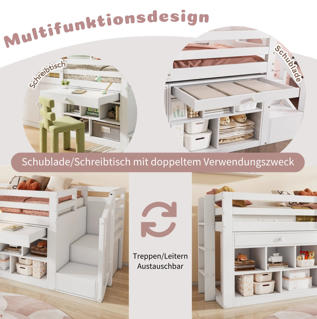 Letto singolo multifunzione 90x200 cm in legno massiccio e MDF; bianco; con scala e contenitore