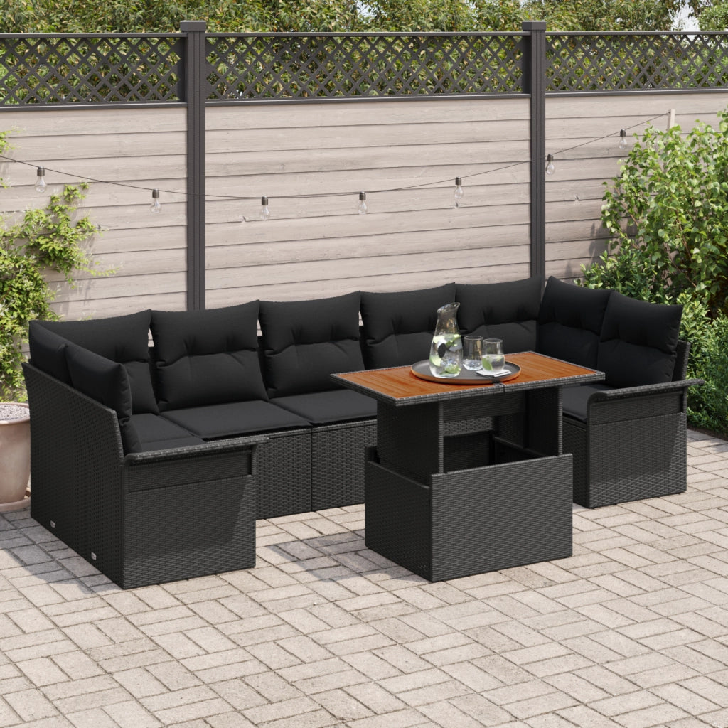 Set di Divano da Giardino 8 Pezzi con Cuscini Nero Polyrattan Acacia