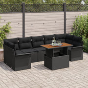 Set di Divano da Giardino 8 Pezzi con Cuscini Nero Polyrattan Acacia