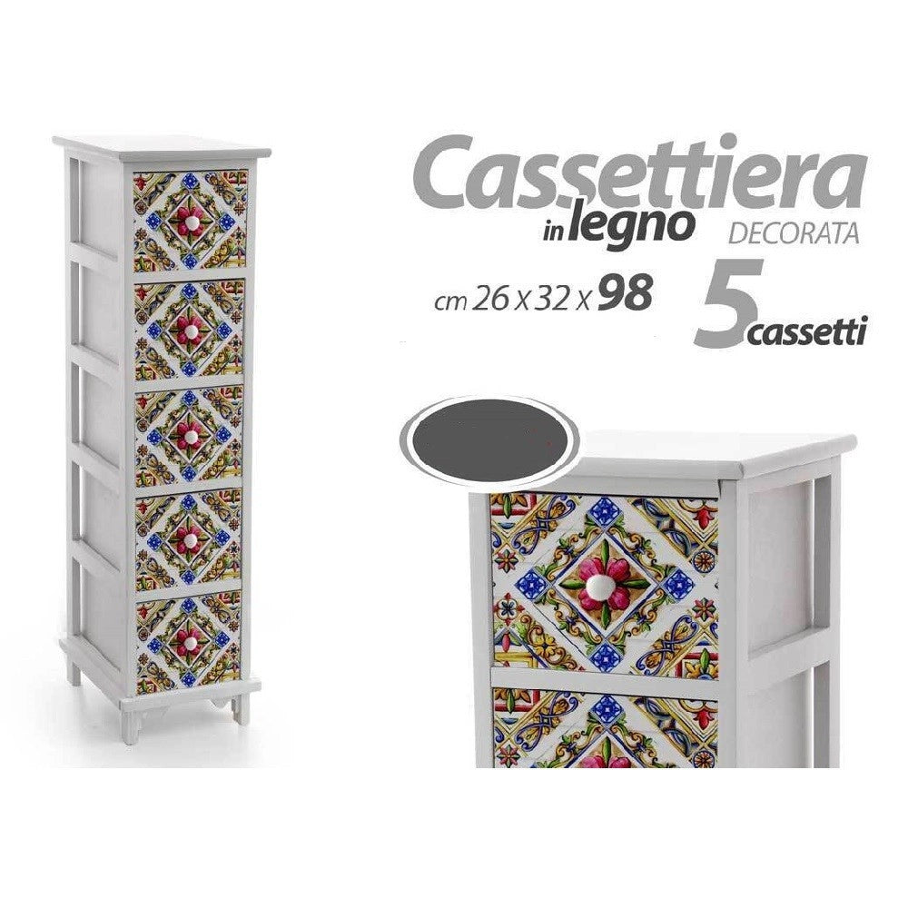 Trade Shop - Cassettiera 5 Cassetti Slim Decorata Salvaspazio Salotto Camera 98x26x32cm 829413 -