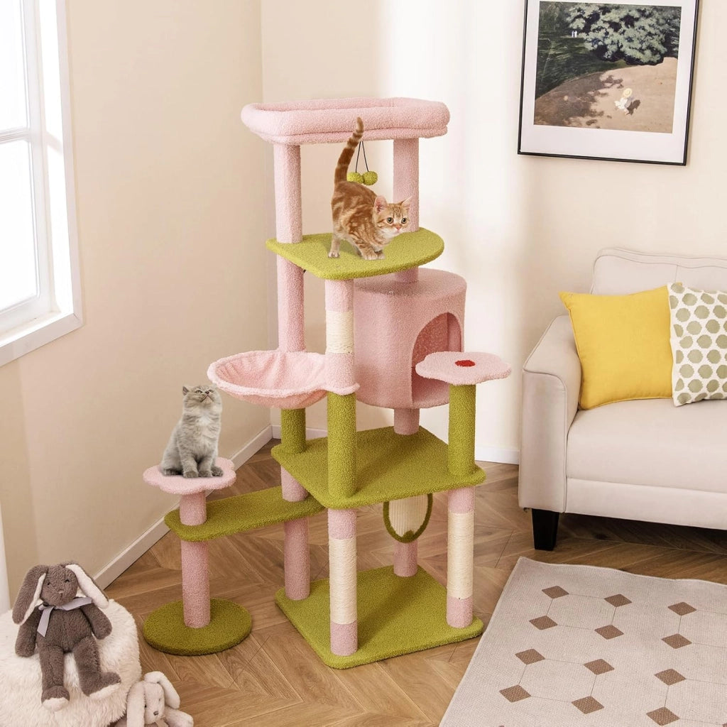 Tiragraffi per Gatto Alto 150 cm Stile Floreale, Albero Tiragraffi Gatti con Pali in Sisal, Piattaforme, Grotta e Pompon, Torre Gatto Rivestito in Peluche, Rosa e Verde